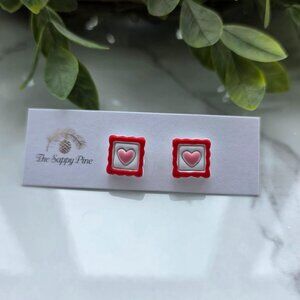 NEW Valentine's Day Pink Heart Red Stamp Stud Polymer Clay Earrings